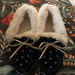 J.Crew Factory Blue Gold Star Faux Fur Slippers - Size 9
