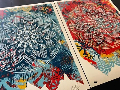Conjunto de póster con impresión artística roja y azul Obey Giant Shepard Fairey Collage Peace Mandala Foto 1 de 4