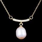 Natural 10x8mm Fresh Water Pearl Cubic Zirconia Gold Plated Silver 925 Necklace