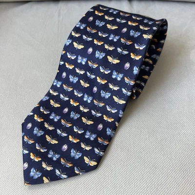 Leonard Studio Men's Tie Butterflies Blue Po Satin Silk 3 5/8" (W) x 57" (L) euc - Image 1 of 4