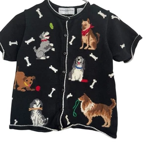 Vintage Marisa Christina Dogs Short Sleeve Cardigan Size Petite Small Black Knit - Picture 1 of 7