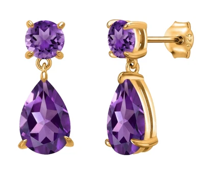 925 Gelbgold Versilbert 7.28 Karat Birne & Rund Amethyst Ohrhänger Ohrringe - Bild 1 von 4