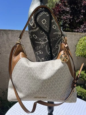 Michael Kors Large Aria Vanilla White Monogram Acorn Brown Shoulder Leather Bag - Image 1 of 4