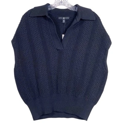 NWT Banana Republic Women Janette Cotton Knit Polo Top Size XS Cap Sleeve Black - Image 1 of 4