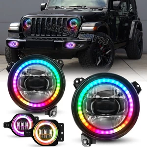RGB Halo 9" LED Headlights + Fog Lights Combo For Jeep Wrangler JL JLU Gladiator - Foto 1 di 15