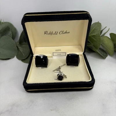 Juego de gemelos y corbatas vintage Swank Onyx tono plata en caja Foto 1 de 4