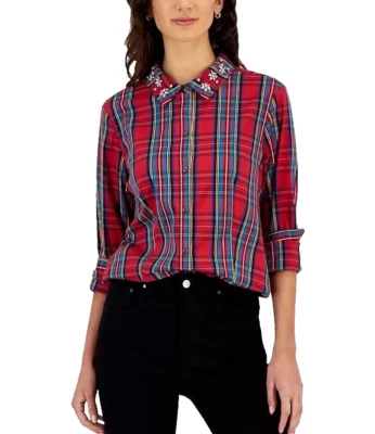 NUEVO CON ETIQUETAS Charter Club Camisa Roja Multi Cuadros Botón Frontal Cuello Adornado Talla 16 Foto 1 de 4