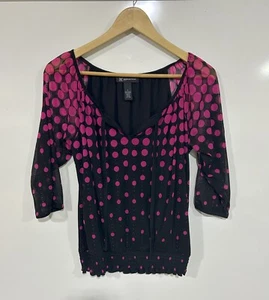 INC International Concepts Polka Dot Blouse 3/4 Sleeve Pink Black Womens Small - Picture 1 of 4