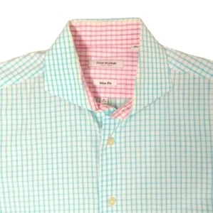 Isaac Mizrahi New York Checkered Button down Shirt Slim Fit 16 Teal Pink - Picture 1 of 13