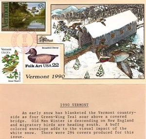 1990 VERMONT VT STATE DUCK BRIEFMARKE AUF COVER MIT MILFORD HANDBEMALTE GÜTESIEGEL JUWEL! - Bild 1 von 1