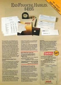 1988 Intuit Quicken IBM Apple Tax Software Floppy Disk End Financial Hassle Ad - Picture 1 of 2
