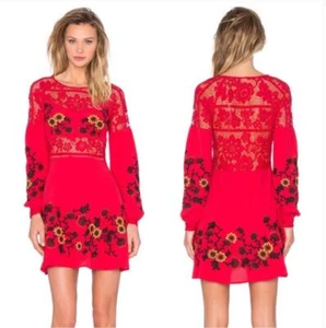 For Love & Lemons Dress Size Large Red Isabella Embroidered Short Long Sleeve - Bild 1 von 7