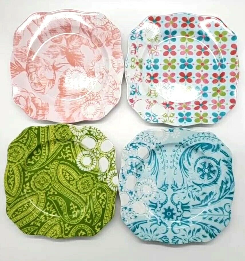 JUEGO DE 4 Platos de Ensalada Cuadrados Estampados Rosanna 8" Verde Paisley Rosa Floral Azul Rollo Foto 1 de 4