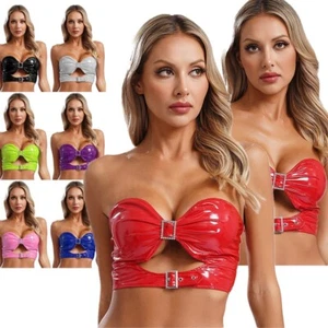 Women Sexy Wet Look Faux Leather Shiny Zipper Bra Tube Crop Tank Top Bustier - Picture 1 of 64