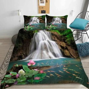 Over Lotus Pond And a Waterfall 3D Quilt Duvet Doona Cover Set Pillow case Print - Picture 1 of 3