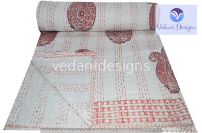Colcha edredón Kantha bordado indio estampado en bloque algodón blanco Foto 1 de 4