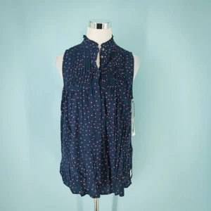 Treasure & Bond Size Small S Print Pleated Stand Collar Navy Tank Blouse Top NEW - Picture 1 of 9