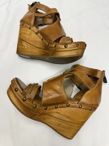 Bed Stu Princess Pecan Brown Studded Leather Platform Wedge Sandals 6.5 NEW - Picture 1 of 13