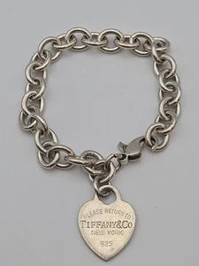 Bracciale Please Return To Tiffany & Co Argento Sterling 925 Cuore Tag Charm 7,5" - Foto 1 di 4