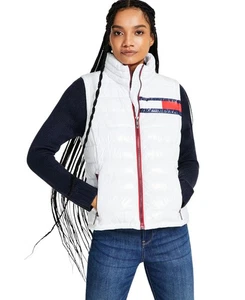 Chaleco acolchado Tommy Jeans para mujer con bandera (blanco brillante, grande) - Imagen 1 de 4