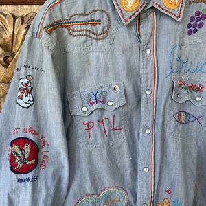 Vintage Chaps Ralph Lauren XL Embroidered Western Chambray Distressed Work Shirt - Picture 1 of 7