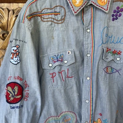 Vintage Chaps Ralph Lauren XL Embroidered Western Chambray Distressed Work Shirt - Image 1 of 4