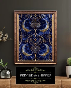 Blue Gold Crescent Moon Print Celestial Stars Night Sky Astrology Wall Art - Picture 1 of 5
