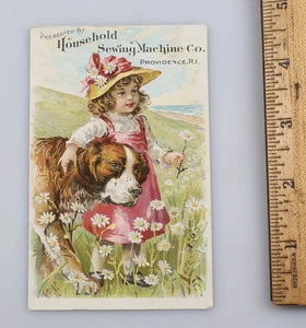 Victorian Trade Card Household Sewing Machine Co. Providence RI Daisies Dog - Picture 1 of 2