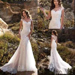Sexy Mermaid Wedding Dresses Illusion Back Cap Sleeve Lace Applique Bridal Gowns - Picture 1 of 8