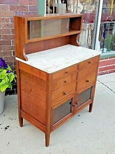 Dental child's like teak mid century modern MCM cabinet with marble top & hutch