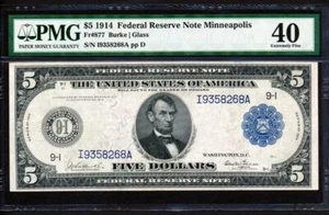 Fr.877 1914 $5 MINNEAPOLIS "BURKE-GLASS" FRN+ PMG 40 EXTREMELY FINE COLLECTIBLE - Picture 1 of 2