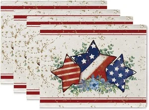 Set of 4 4th of July Placemats America Flag Floral Cloth Table Mats - Picture 1 of 6