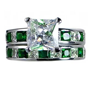8mm_EMERALD GREEN & CLEAR CZ__simulated WEDDING SET RING_SZ-10_NF_925 SILVER - Picture 1 of 5