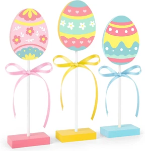 3 Pieces Easter Table Decorations, Wooden Easter Eggs Signs, Colorful Easter Tie - Picture 1 of 12