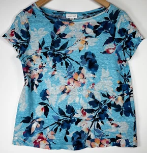 J.Jill Love Linen Top Extra Small Petite Blue Turquoise Floral Short Sleeve - Picture 1 of 9