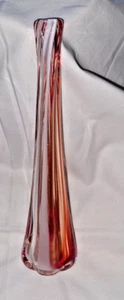 Vtg 10" Hand Blown Art Glass Bud Vase Orange/Clear Swirl Ribbed-Great Cond. - Picture 1 of 7