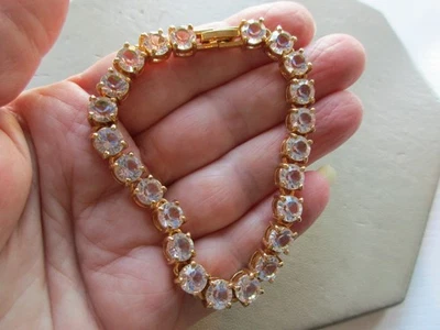 VINTAGE GOLD TONE SPARKLY PARTY BLING CRYSTAL CHARM TENNIS BRACELET PRETTY GIFT  - Image 1 of 4