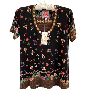 Johnny Was Nani Favorite kurzärmliges Swing-Top mit V-Ausschnitt XS schwarz Blumenmuster UVP 110 $ - Bild 1 von 14