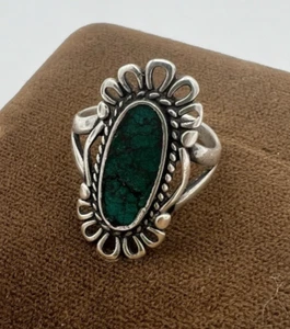 VTG OLD PAWN NATIVE NAVAJO STERLING SILVER~w/ TURQUOISE ORNATE RING SIZE 8.5 - Picture 1 of 10