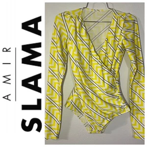 Amir Slama Designer Velvet Drape Bodysuit Size Small Yellow Stripe Zig Zag Print - Picture 1 of 12