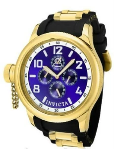 INVICTA 1802 RUSSIAN DIVER MEN'S DAY & DATE BLUE DIAL POLYURETANE/COLD-TONE BAND - Picture 1 of 2