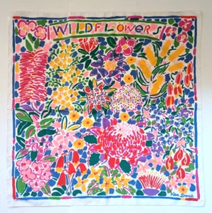 Sciarpa KEN DONE Vintage Fiori Selvatici Colorata Luminosa 24" 1985 Poly Japan - Foto 1 di 6