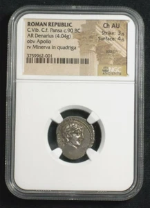 Roman Republic Silver Denarius C.F. Pansa Minerva in Biga 90 BC NGC Ch AU   - Picture 1 of 3