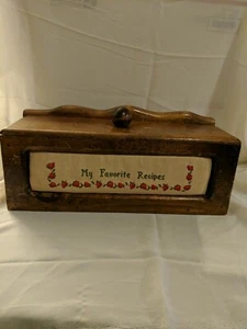 Vintage Wood Recipe Box Double Wide Long Handmade Cross Stitch inset front - Picture 1 of 11