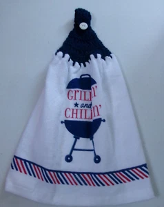 NAVY BLUE Yarn Crochet Top BBQ CHILLIN & GRILLIN Print Cotton Kitchen Towel - Picture 1 of 1