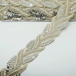 1m Light Gold embellished Indian Metallic braid beaded lace bridal Mirror Trim - Picture 1 of 1