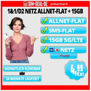 📶 Tarif 1&1 D2 Netz ALLNET- & SMS-FLAT 15GB 5G/ LTE 4,99 EUR mtl. kündbar 🚀🔥 - Bild 1 von 1