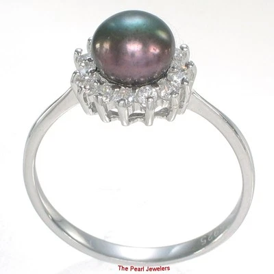 Anel halo de prata esterlina sólida 0,925 pérola preta-pavão - Imagem 1 de 4