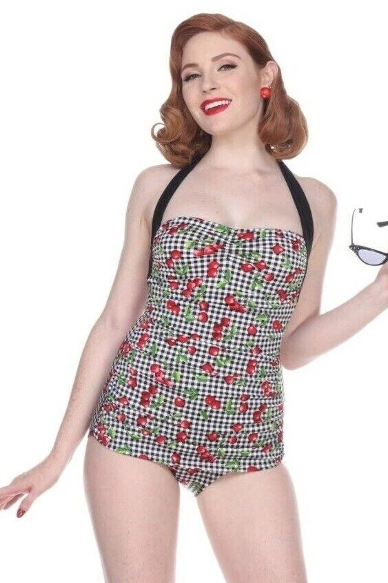 GIRL HOWDY Plaid Gingham CHERRY FRUIT Swimsuit Tartan Pinup women's size 10 New - Image 1 of 4