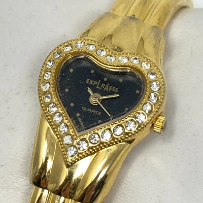 Reloj De Colección LA Express Mujer Tono Dorado Corazón Esfera Negra Brillante Batería Nueva PEQUEÑO 6" Foto 1 de 4